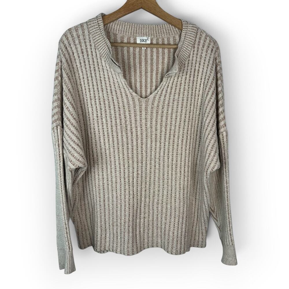 BKE Womens Large Oversized V Neck Ribbed Sweater Beige Tan Striped Slouchy